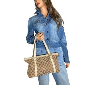 Authentic Gucci Shoulder Bag Abbey Beige Canvas Used GG Vintage Handbag